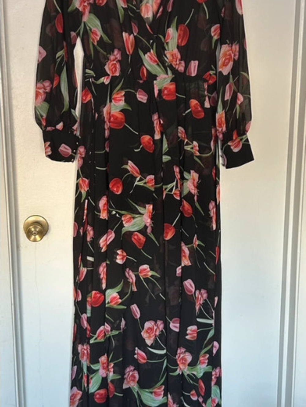 Black Floral Long Sleeve Maxi Dress - Pink & Red Tulip Print